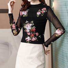 다이뻐 리틀깽스 빅사이즈 사계절스판 슬림 하객패션 이너 레이어드 플라워 꽃 시스루 레이스 블라우스 목폴라 티