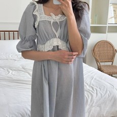  아만다 스트라이프 리본 프릴 원피스 커플잠옷 빅사이즈 신혼 우정 임부 수유파자마  상품 이미지