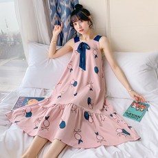 여자 캡 포함 순 면 잠옷치마 큐트 끈나시 슬립 얇은 프린세스 홈웨어
