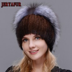 JERYAFUR 리얼 폭스 모피 모자 여성 자연 밍크 모피 여성 겨울 모자 세로 라인 석 Beanies 패션 모자|스컬리스 & 비니즈|