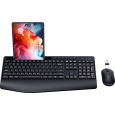 무선 키보드 및 마우스 콤보손목 받침대가 있는 LIZRROT 인체공학 컴퓨터 2.4윈도우 맥 PC 노트북용 폰 홀더가 GHz 풀 사이즈 사일런트 콤보, 무선 키보드 및 마우스 콤보손목 받침대가 있는 LIZR