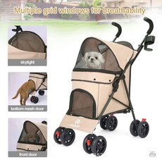 호환 소형 및 중형 휴대용 다기능 접이식 여행 카트 개 고양이 테디 외출, Khaki, 1개