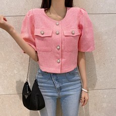 이제이샵 반팔 퍼프소매 트위드 진주 크롭 자켓