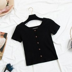 단추 패션 티셔츠 네모난 니트 러블리 상의 여성용 순면 여성용 티셔츠 여성용 반팔 티셔츠