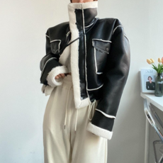 [엘샾] 여성 루즈핏 양털안감 하이넥 레더 크롭 무스탕 자켓 점퍼 가방세트