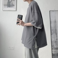 남자 트렌드 멋진 옷 와이드 루즈핏 5부 슬릿 소매 트임 티셔츠