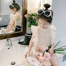 유블리 여아동 민소매 퍼프 프릴 포인트 수영복 루진