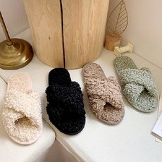 JHAN 여성 겨울철 양털 크로스 슬리퍼 4color