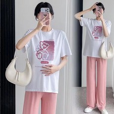 임산부 여름 상하 세트 캐주얼 데일리 순면 임부복 패션 반팔 슬림 티셔츠 상의 루즈핏 냉장고 와이드 팬츠 투피스 WMY
