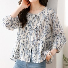 나바바 / NB1866 빈티지 플라워 라운드넥 7부 블라우스
