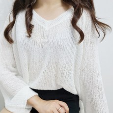 플로르엘 여리여리핏 브이넥 시스루 긴팔 여름 니트