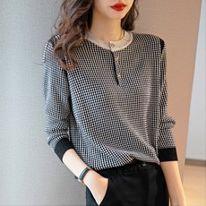 외국 루즈핏티 상의 여성 가을 라운드긴팔 흑백