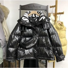 샤이니 광택 다운 자켓 후드 숏 패딩 파카 여성용 백팩 포함