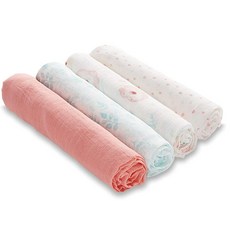Aden + anais Essentials 여아 및 남아용 모슬린 포대기 담요 포대기용 신생아 속싸개 100% 면 아기 포대기 랩 4팩 블러싱 토끼, 만개