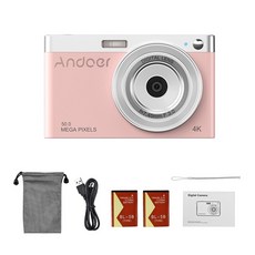 줌카메라 Andoer-컴팩트 4K 디지털 카메라 비디오 캠코더 50MP 2.88 인치 IPS 스크린 자동 초점 16X, 03 Pink_01 only Camera, 1개