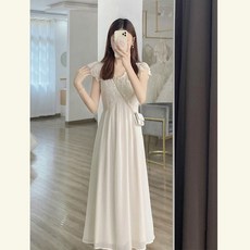 쉬폰 펀칭 레이스 플라워 자수 V 넥 민소매 퍼프 슬리브 드레스 원피스 여름 셀프 웨딩 스몰 이브닝 촬영 약혼식 리마인드