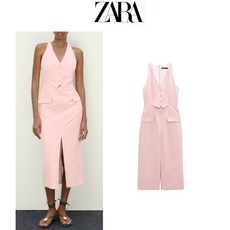 ZARA 자라 여성 린넨 원피스 핑크 브이넥 민소매