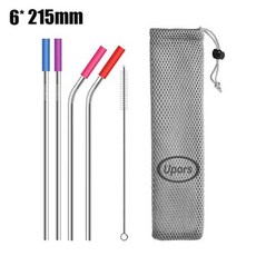 UPORS금속 빨대 215x6mm 실리콘 유지 보수 팁 친환경 스테인리스 스틸 빨대 재사용 가능한 빨대 브러쉬 파우치, 06 Silver F with bag