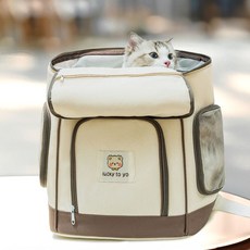 푸르픽 강아지 고양이 3면개방 백팩 프론트백 포대기 곰돌이디자인 포대기 가을 겨울, 1개, 베이지