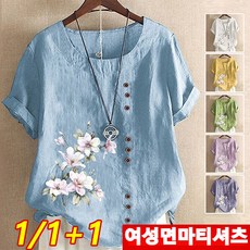1+1 여성 면마 티셔츠 빈티지 면마 프린트 반팔 여자 반팔 티 면 마 면 린넨 블라우스면대나무 혼방 여성 와이드 티셔츠