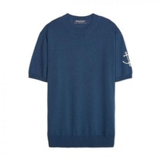 Guernsey Woollens 건지울른스 니트 코튼 반팔 크루넥 니트 - 데님 블루 338343