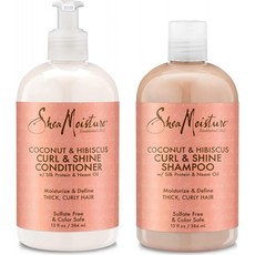 쉐아 모이스처 코코넛 & 히비스커스 컬 & 샤인 샴푸 및 컨디셔너 세트 Shea Moature by 넴 오일 13 Oz Bottles, 단일옵션
