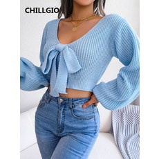 CHILLGIO-보우 니트 풀오버 캐주얼 솔리드 패션 한국 v넥 탑스 여성용 세련된 따뜻한 우아한 가을 겨울