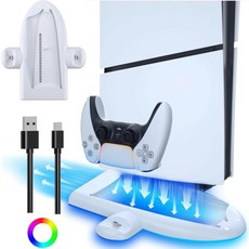 3단계 냉각 팬과 듀얼 PS5 컨트롤러 또는 엣지 충전기가 있는 슬림 콘솔 독용 RGB LED 스탠드 및 스테이션, 3단계 냉각 팬과 듀얼 PS5 컨트롤러 또는 엣지 충전, 1개