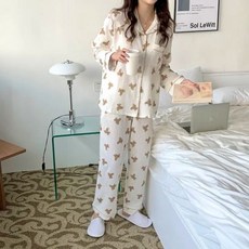 100% 코튼 카이 재미있는 곰 만화 홈웨어 여성 남성 커플 잠옷 세트 긴 소매 Y953 파자마