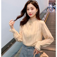 여성블라우스남방 쉬폰 상의 2022 봄계절 이너웨어 긴팔 스윗 레이스 반팔셔츠 5001670803, 1개, M