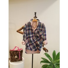 네이비 체크 핑크털 뽀글이 셔츠 남방