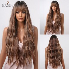 EASIHAIR 옴브레 브라운 금발 긴 웨이브 합성 가발 앞머리 포함 자연스러운 회색 애쉬 헤어 여성용 데일리, 14 LC2039-1, 1개