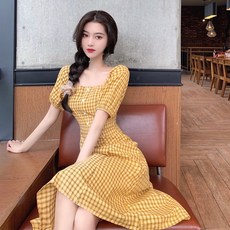 굿텐탁베베 벌룬원피스 벌룬소매원피스 퍼프소매원피스 여름 여성의류 헵번풍 매너 작은 키 스윗 체크 길이