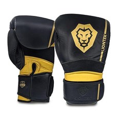 Liontek 남성 및 여성용 무에타이 킥복싱 스파링 펀칭 백 트레이닝 용 프리미엄 가죽 복싱 글러브, Black and Gold