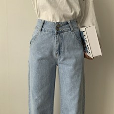 슬로우베리 투버튼 데님 와이드 하이웨스트 팬츠
