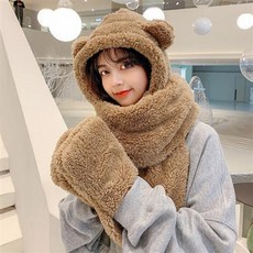 코지치 여성 곰돌이 겨울 뽀글이 모자 목도리 장갑 일체형