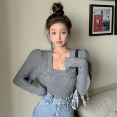 포린박스 레트로 골지 스퀘어넥 퍼프 벌룬 니트 스웨터 SY