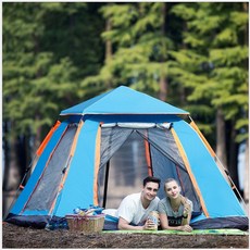 텐트 야외 3-4인 두꺼운 방우 2인 캠핑 자동 2인 캠핑 속력 사면 텐트, 전자동 블랙 테이프 (현관 로드 2개), 하늘색