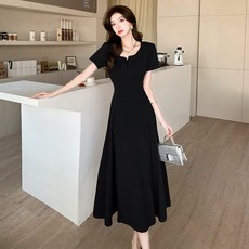 우아글로벌 라운드넥 단추 반팔 플레어 롱원피스
