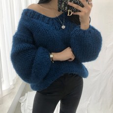 옷자락 여성 여리여리 오버핏 핸드메이드 브이넥 니트티셔츠