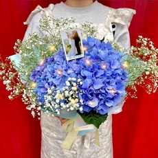 [주말배송 가능] 아르띠콜로 수국 생화 LED 안개꽃다발 +포토카드set, 블루 수국 송이수, 2개