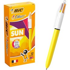 일본직발송 3. BIC 재팬 빅(BIC) 볼펜 4색 볼펜 다색 SUN 1.0MM 형광 옐로우 잉크들이 12개들이 4CS10YLW, One Size, One Color