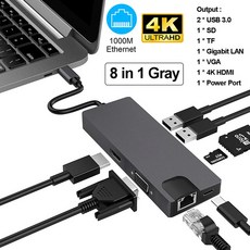 1000Mbps RJ45 4K HDMI 어댑터-USB 허브 3.0 Thunderbolt Type-C MacBook Pro 용 VGA TF SD 슬롯 2021 Air, 8-1 1000M RJ45 Gray, 1개