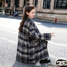 트위드 자켓 여성 겨울 램스울 슬림핏 웰론 체크 코트 롱 여자 하프기장 부드러운 기모 융
