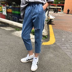 매드시스터 여성 솔트 워싱 데님 배기 팬츠 밴딩 8부 청바지