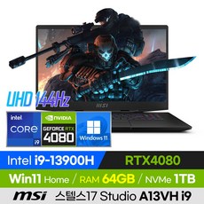 [사은품 증정!] MSI STEALTH 17 STUDIO A13VH i9 13세대 RTX4080 롤 오버워치 발로란트 배그 17인치 고사양 게이밍 노트북, STEALTH17 STUDIO A13VH i9, 윈도우11 홈, 64GB, 1TB, 코어i9, 블랙