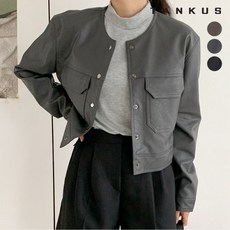 탱커스 여성 라운드넥 포켓 페이크 레더 자켓