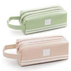 다앤다 1+1 대용량 2중지퍼 방수 필통 파우치 펜슬케이스, 1세트, 베이지+그린