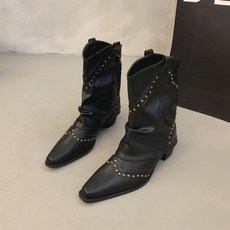 도오빠 코치유 여성 소가죽 웨스턴 미들 부츠 5CM 키높이 통굽 천연 가죽 카우보이 블랙 여자부츠 봄 가을 신발