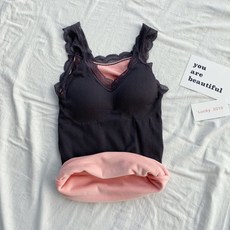 겨울 가을 보온 두터운 융털 런닝 여자 캡 포함 브이넥 끈나시 슬립 이너 상의 레이스 미등기 브라탑 탑브라